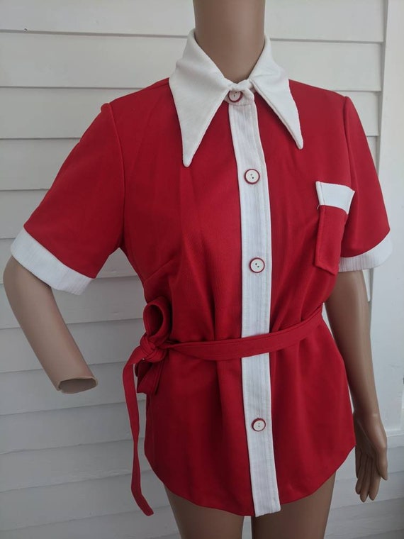 Mod Red Top Vintage 70s Short Sleeve Button Down … - image 7