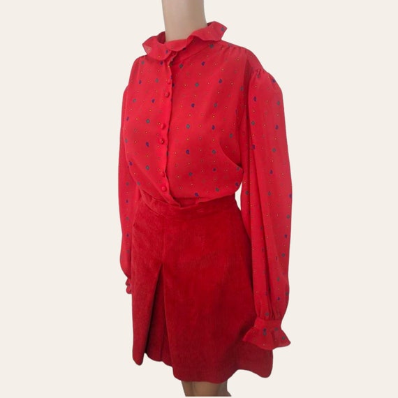 60s Red Corduroy Knee Skirt 22 Waist XXS Vintage - image 1