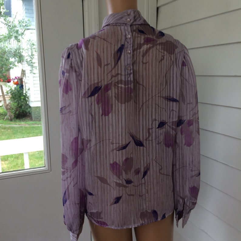 Pale Purple Sheer Striped Blouse Top 80s Lilac Vintage M L