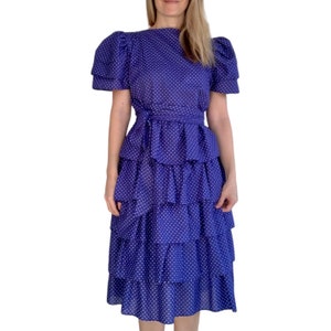 80s Blue Polka Dot Dress Tiered Short Sleeve XS