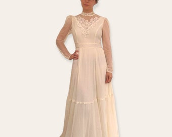 Vestido de noiva Gunne Sax, vestido de renda marfim, estilo vitoriano, vintage, anos 70, XS