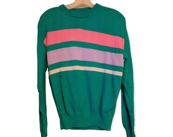 80s Green Aqua Striped Pullover Sweater Cotton Casual Vintage S