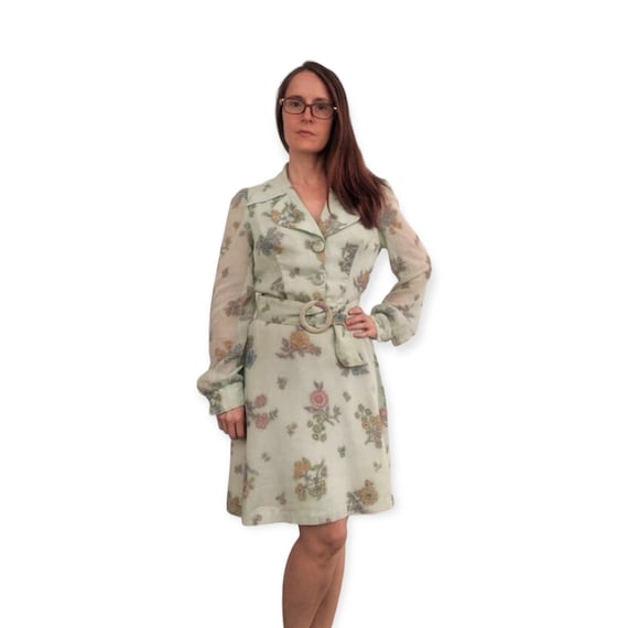 70s Floral Print Mini Dress Long Sleeve Vintage Y… - image 2