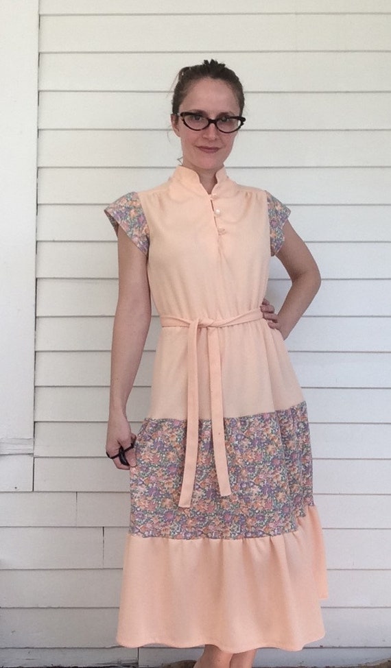 70s Peach Floral Dress Polyester Vintage S - image 7