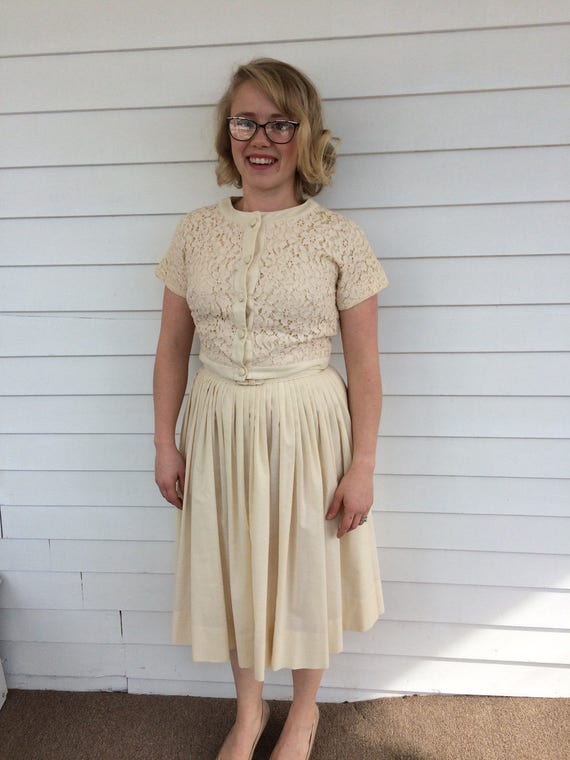 50s Dress Ivory Lace Bolero Summer Full Skirt Sle… - image 4