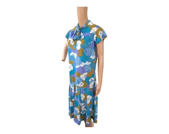 60s Blue Print Bow Dress Carol Brent S Tall Vintage