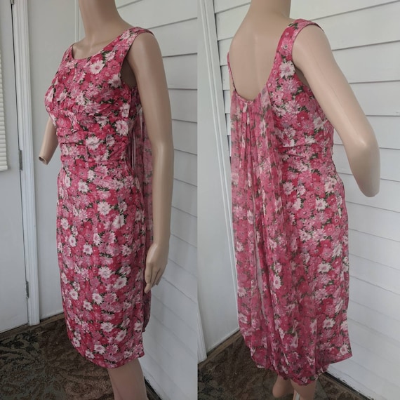 60s Red Floral Dress Watteau Back Watercolor Print