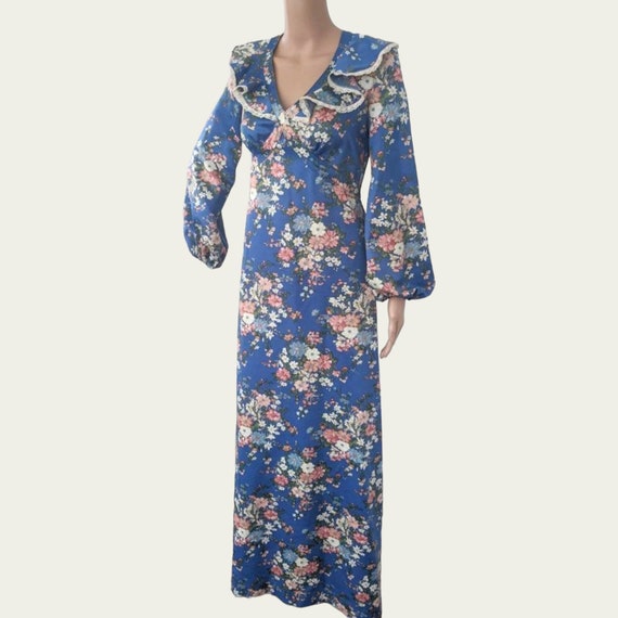 70s Bishop Sleeve Maxi Dress Hippie Blue Floral Long … - Gem