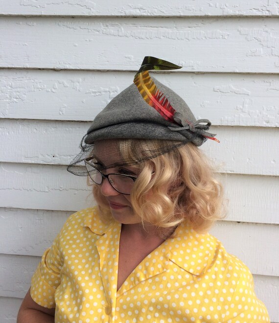 Gray Wool Hat 40s Soft Ombre Feather Robin Hood St