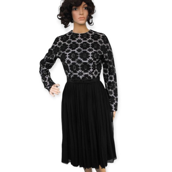 60s Black Floral Lace Dress Party Pleated Long Sl… - image 2