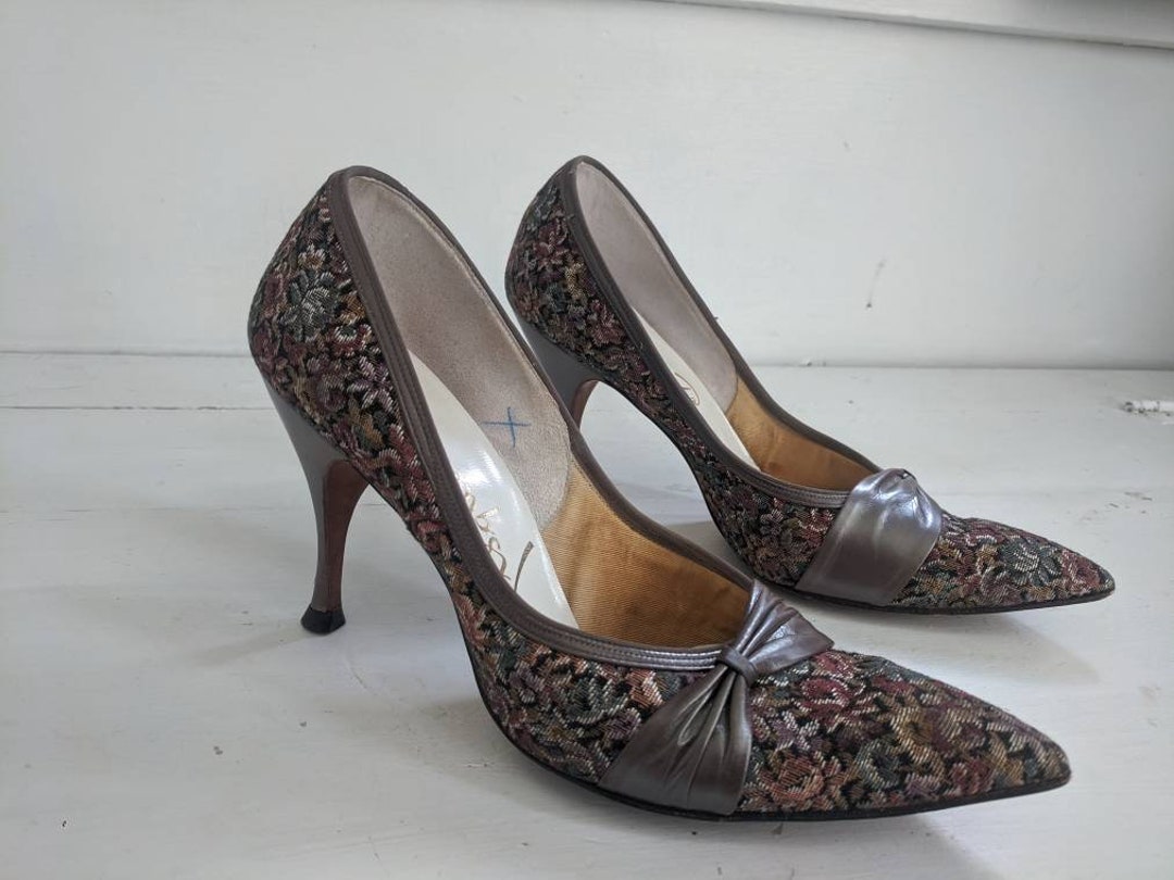 60s Floral Tapestry Shoes Pointed Pointy Heels Risque Vintage - Etsy