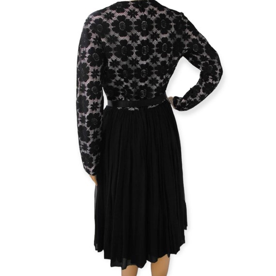 60s Black Floral Lace Dress Party Pleated Long Sl… - image 3