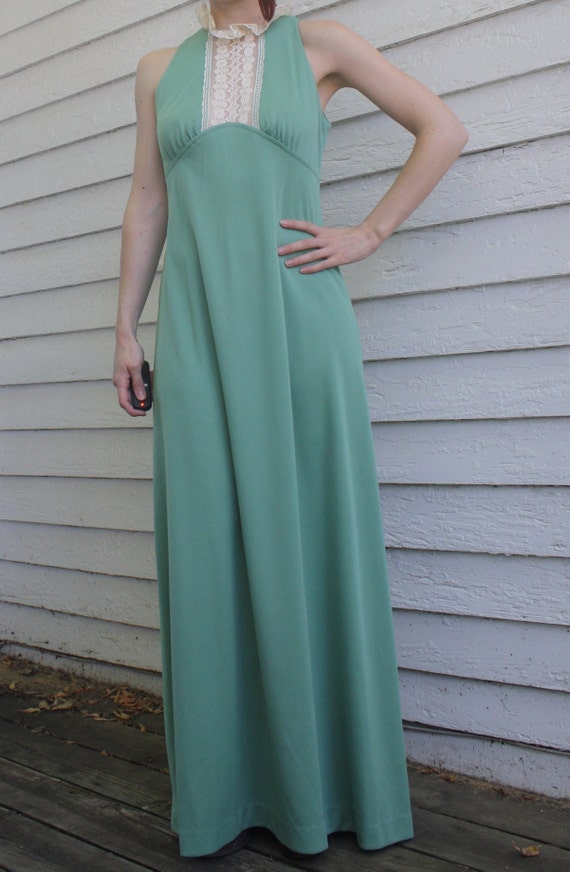 70s Lace Collar Green Dress Retro Victorian Maxi … - image 9