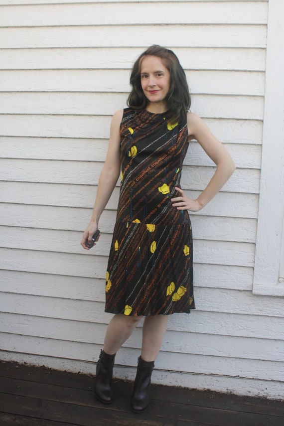70s Brown Poppy Dress Mod Yellow French Coquelicot