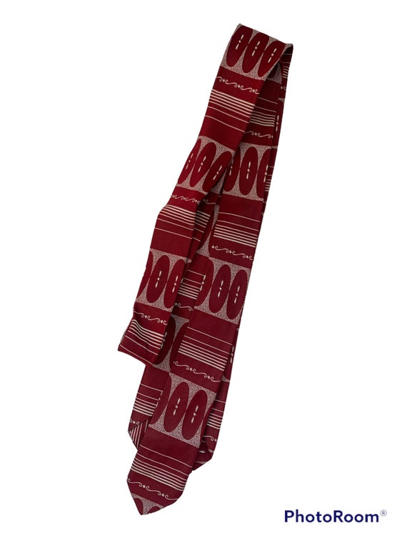 40s Red Print Necktie Burgundy Midcentury Tie Aut… - image 2