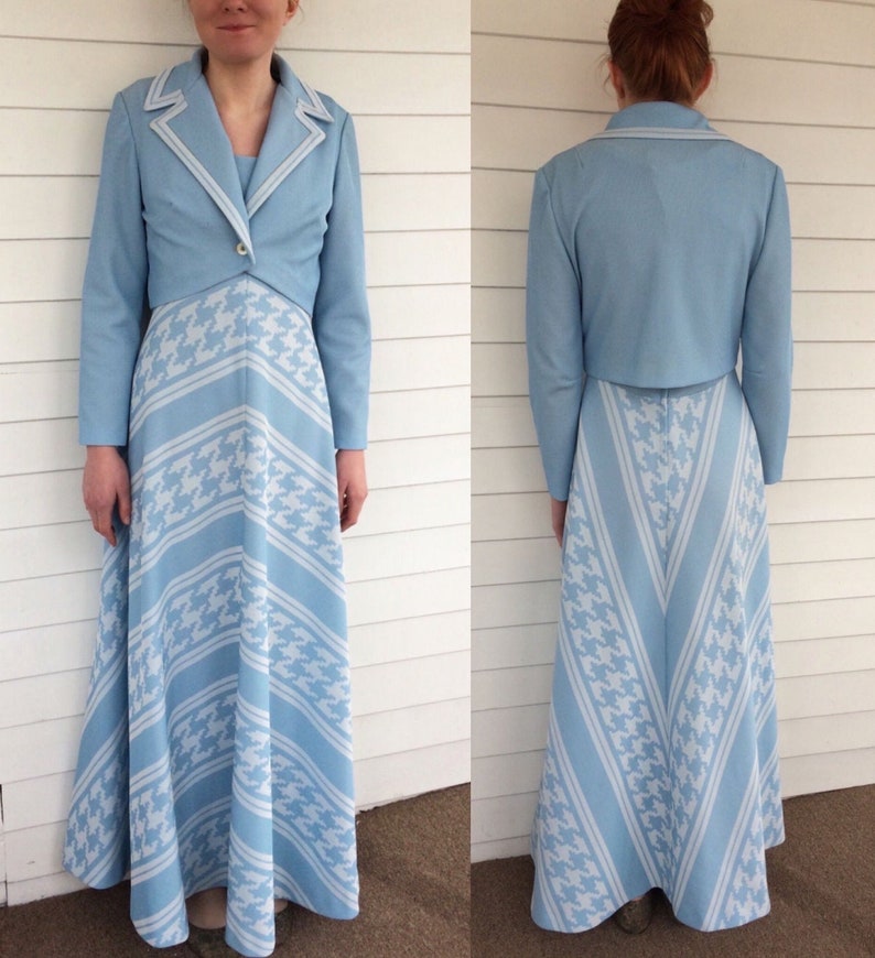 70s Mod Maxi Dress Blue Chevron Long Alfred Werber Vintage M L image 1