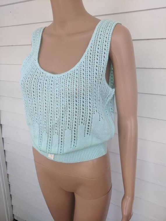 Summer Knit Aqua Sleeveless Sweater Top Sheer Vint