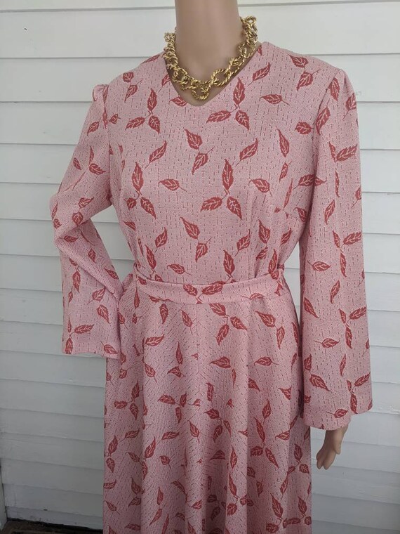 Leaf Print Maxi Dress Polyester Mod Long Vintage L