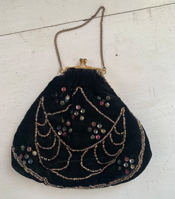 Black Velvet Beaded Sequin Mini Purse Antique - image 3