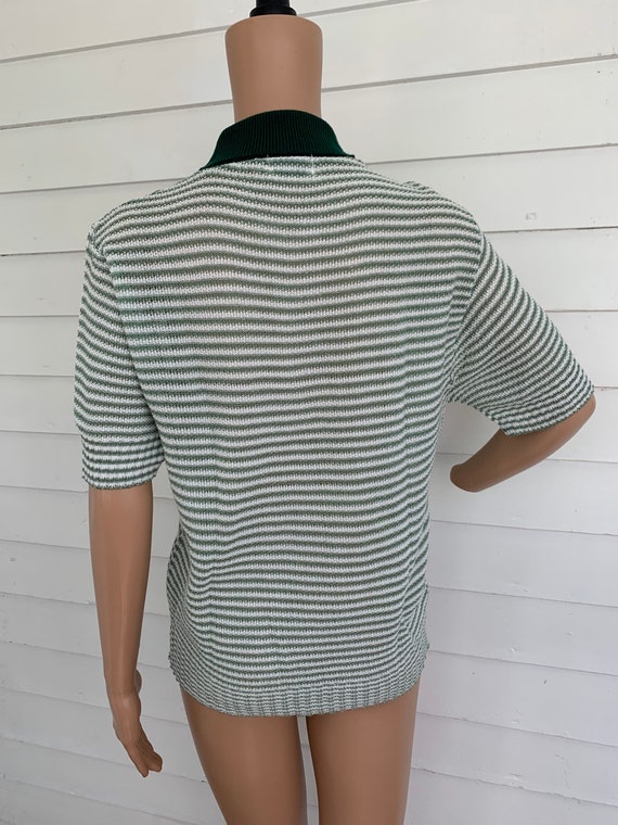 70s Green Striped Top Shirt Sage Sheer Knit L Cas… - image 3