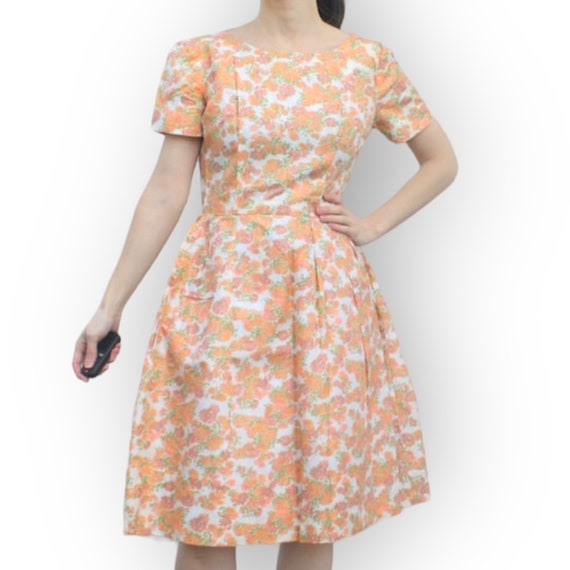 60s Floral Party Dress Peach Vintage 1960s Short … - image 2