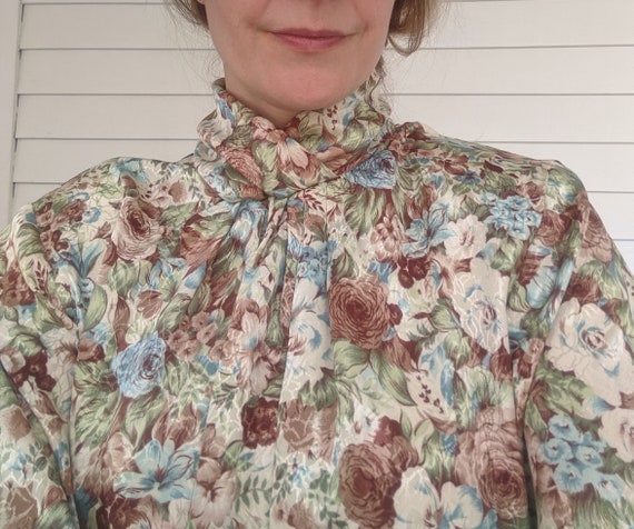 80s Floral Blouse High Neck Long Sleeve S M - image 6