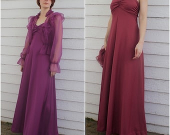 70s Dress with Sheer Lace Blouse Dark Burgundy Red or Grape Purple Long XS