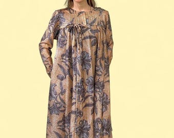 60s Vintage Shimmer Floral Dress Tan Silver Dress L