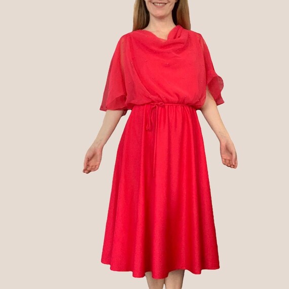 70s Red Chiffon Polyester Beaded Dress Party Vint… - image 5