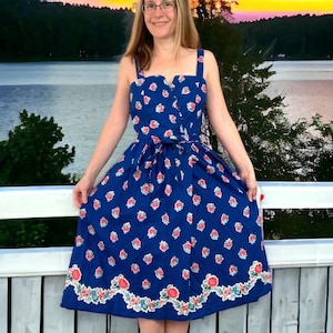 70s Lanz Floral Dress Blue Summer Sun Cottagecore Vintage S
