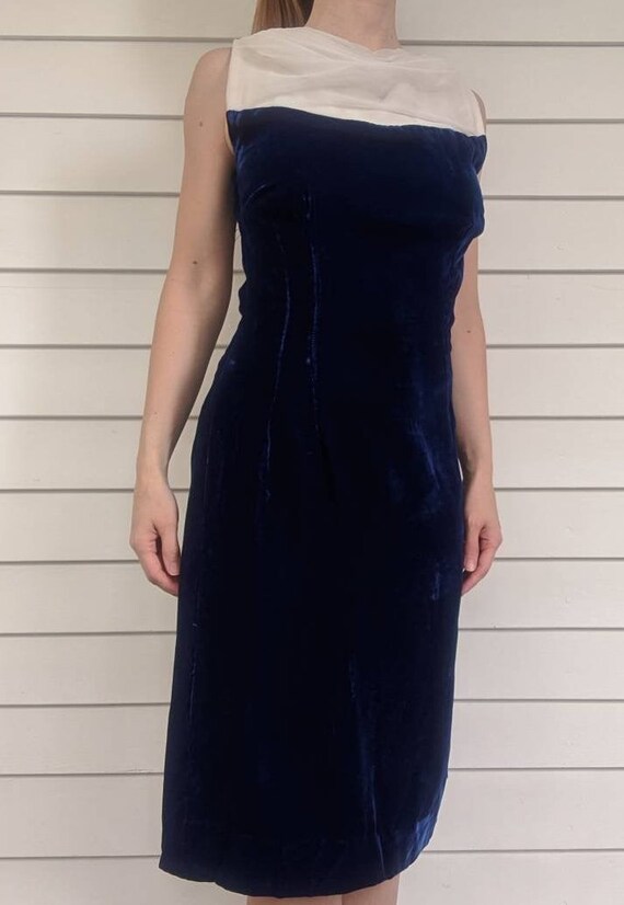 Blue Velvet Party Dress Chiffon 60s Sleeveless XS - image 8