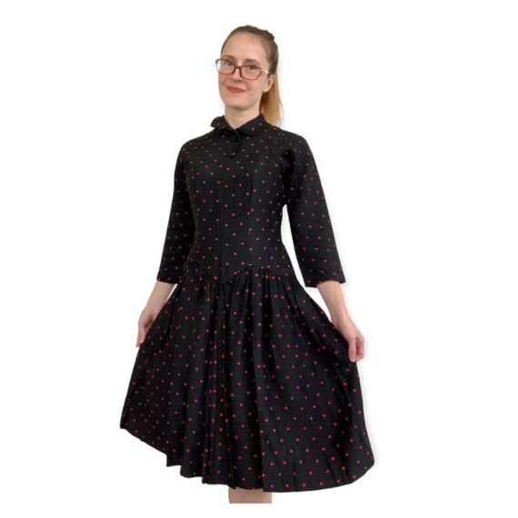 50s Polka Dot Black Dress Red Dots 34 26 S - image 2