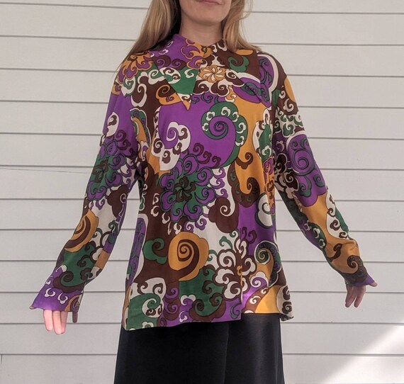 70s Hippie Dagger Collar Blouse Retro Print Vintag