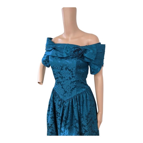 80s Scott Mcclintock Gown Brocade Dress Off Shoulder Blue Teal S XS