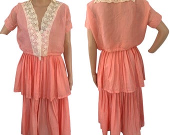 Antique Edwardian Blouse and Skirt 20s Coral Peach Lace XS S
