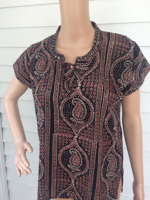 Vintage India Top Beaded Print Blouse Casual S M - image 5