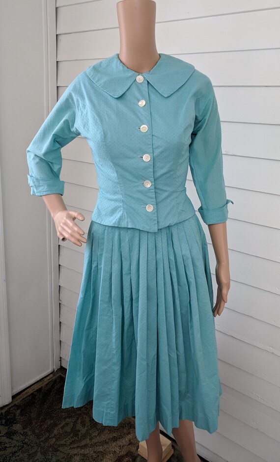 50s Aqua Sleeveless Dress with Bolero Blue Vintag… - image 4