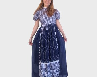 Vestido largo de cuadros vichy de los años 70, azul, estilo western vintage, para niñas, adolescentes o tallas pequeñas XS.