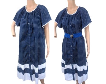60s Polka Dot House Dress Blue White Print Cotton Blend XL 42 44 Bust