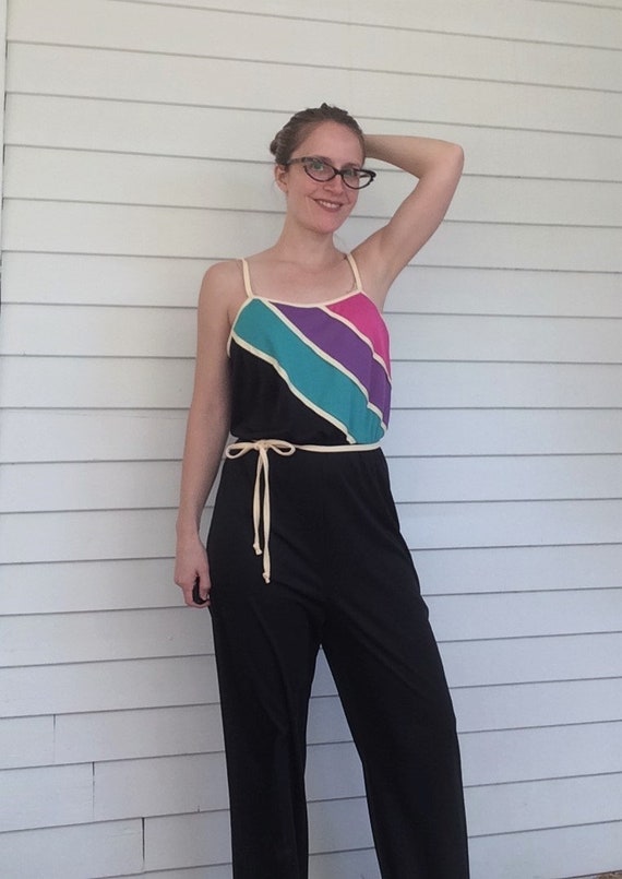 Black Striped Jumpsuit 70s Wide Leg S Chevron - image 3