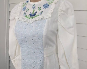 70s Gunne Sax Style Dress Prairie Wedding Embroidered Eyelet Bridal Victorian Dress Vintage XS