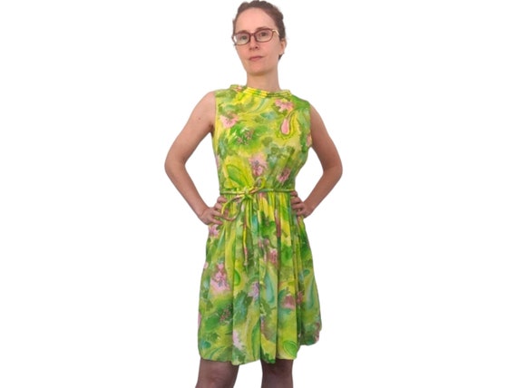 60s Green Floral Dress Sleeveless Mod Print XS Pe… - image 2