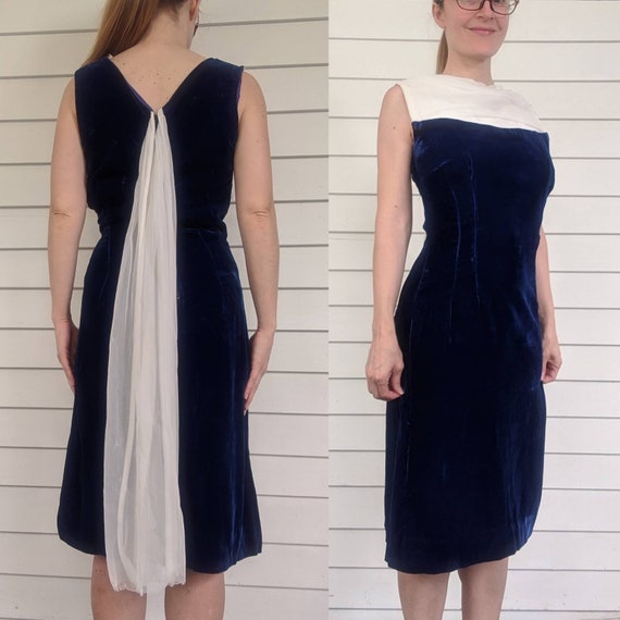 Blue Velvet Party Dress Chiffon 60s Sleeveless XS - image 6