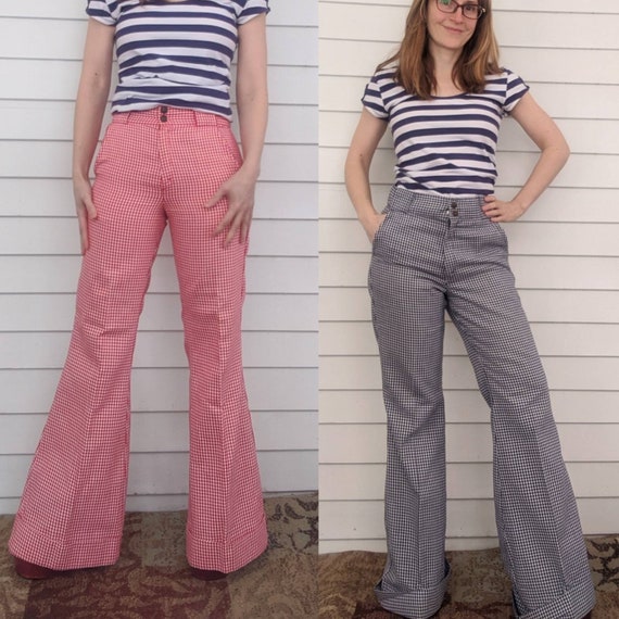 70s Gingham Plaid Pants 31 Inseam Blue M