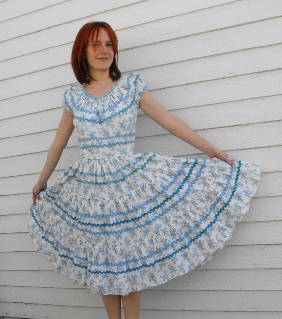Vintage White Toile Print Square Dance Dress Full