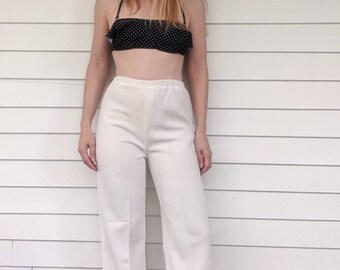 70s White Polyester Pants Casual High Waist XS S