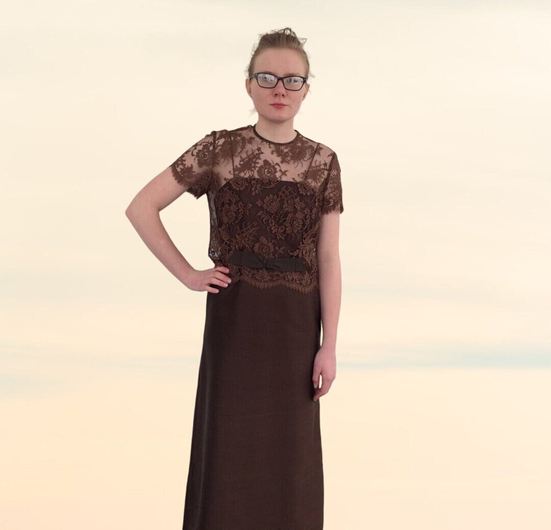 Brown Lace Gown 60s Evening Party Dress Cocktail Vintage S Etsy
