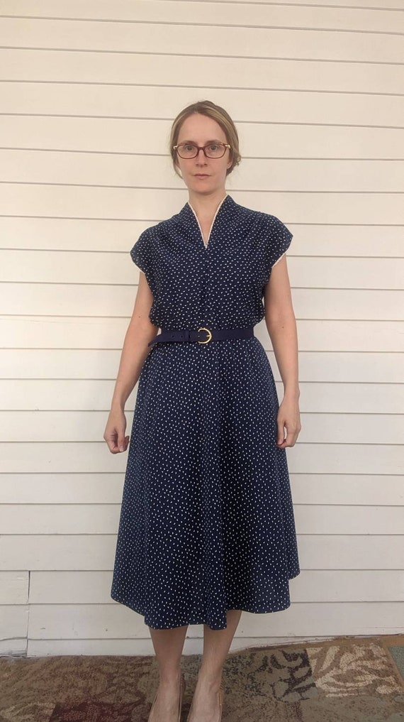 70s Blue Print Dress Retro Full Skirt Vintage Cas… - image 6