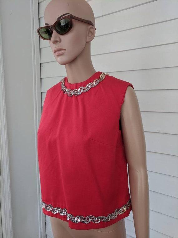 60s Red Blouse Sleeveless Sequin Vintage Shell S - image 2