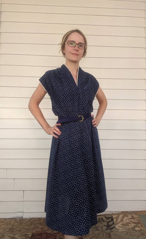 70s Blue Print Dress Retro Full Skirt Vintage Cas… - image 3
